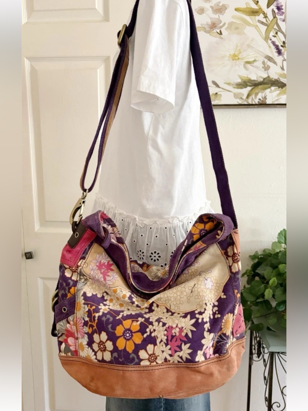 Lucky Brand Runaway Hobo Shoulder Crossbody Bag Floral Canvas Suede Trim